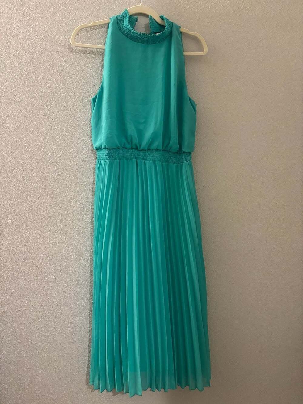 Sam Edelman Pleated Halter Dress Size 6 Turquoise Blue Sleeveless Midi